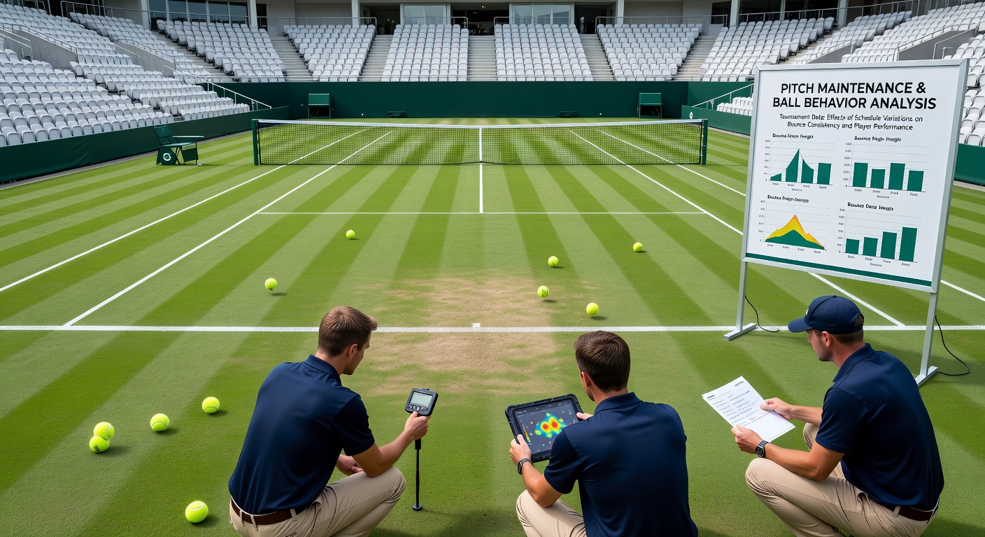 Rasenpflege auf einem professionellen Tennisplatz während eines Turniers