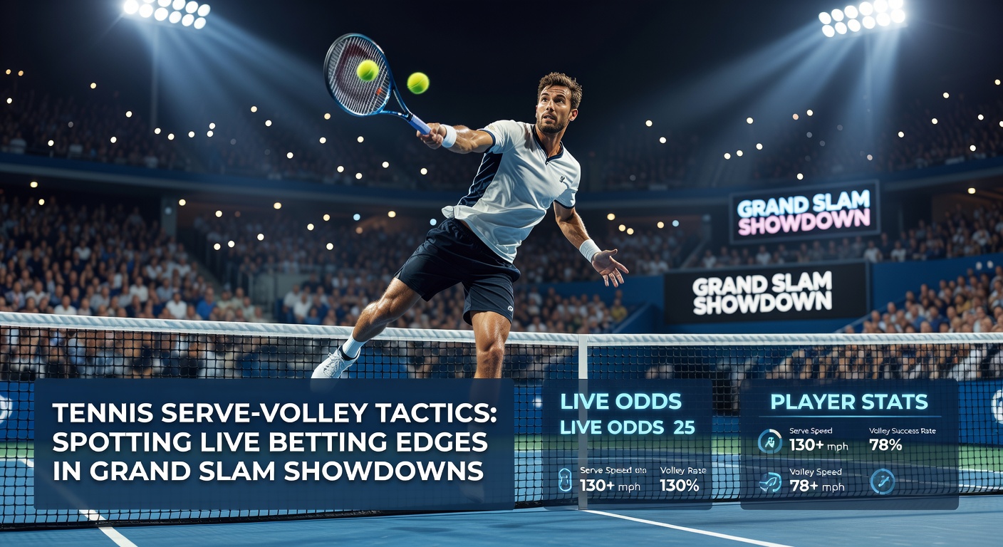 Ein Tennisspieler beim Serve-Volley an der Netz, mit Ball im Anflug während eines Grand-Slam-Matches
